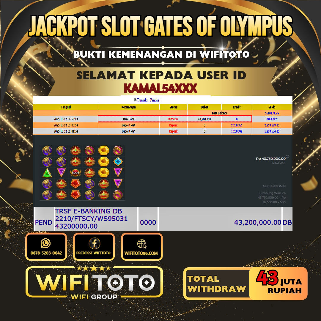WIFITOTO JACKPOT SLOT GATES OF OLYMPUS RP.43.000.000.,-LUNAS USER ID : KAMAL54***