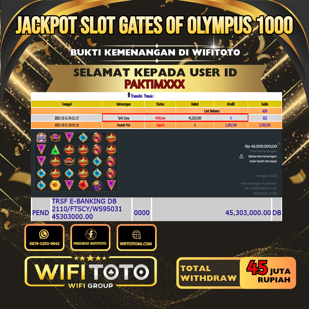 WIFITOTO JACKPOT SLOT GATES OF OLYMPUS 1000 RP.45.000.000.,-LUNAS USER ID : PAKTIM***