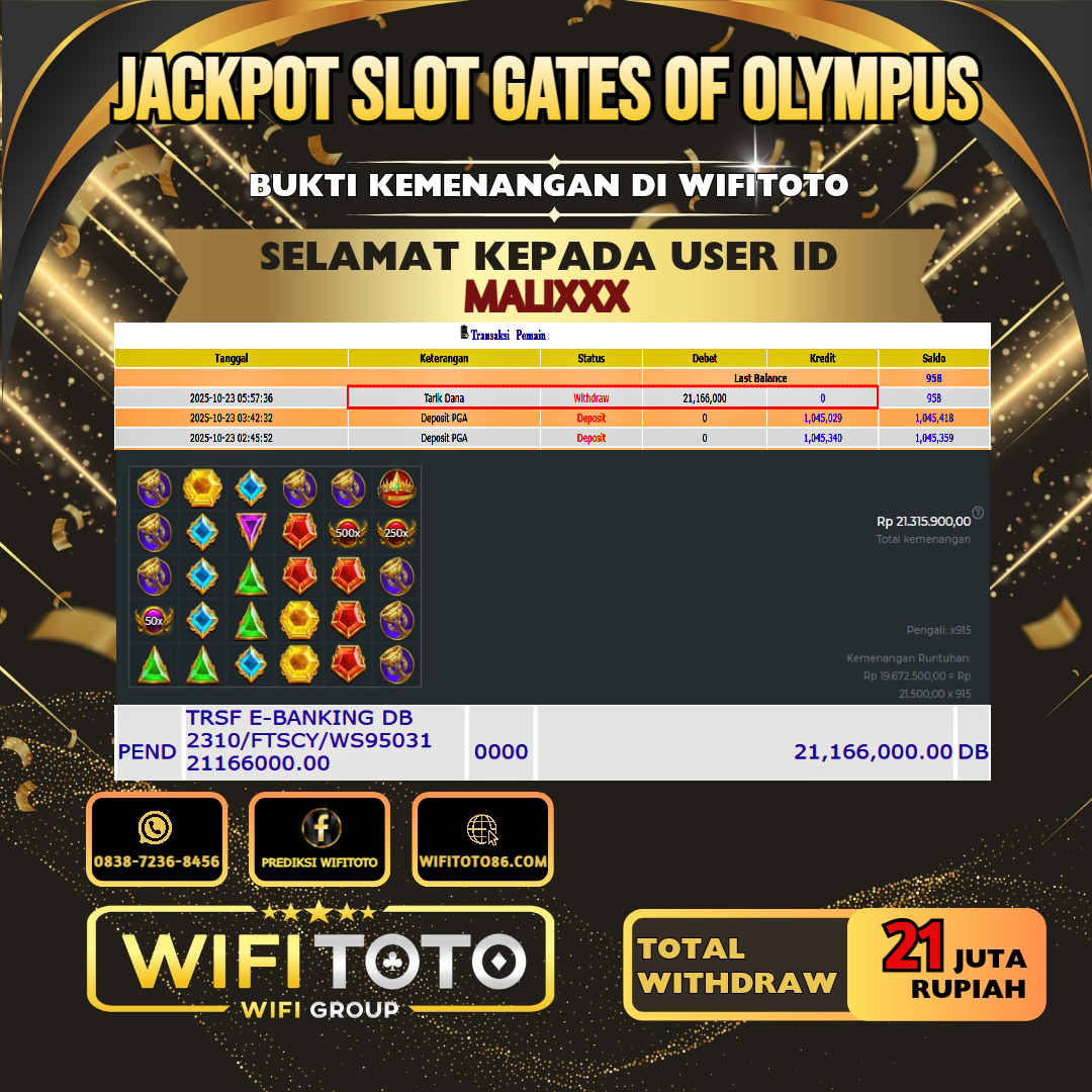 WIFITOTO JACKPOT SLOT GATES OF OLYMPUS RP.21.000.000.,-LUNAS USER ID : MALI***
