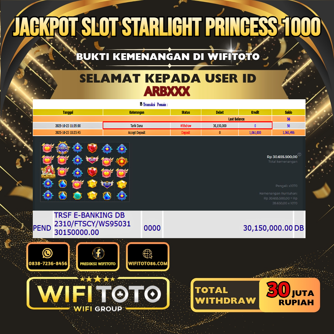 WIFITOTO JACKPOT SLOT STARLIGHT PRINCESS 1000 RP.30.000.000.,-LUNAS USER ID : ARB***