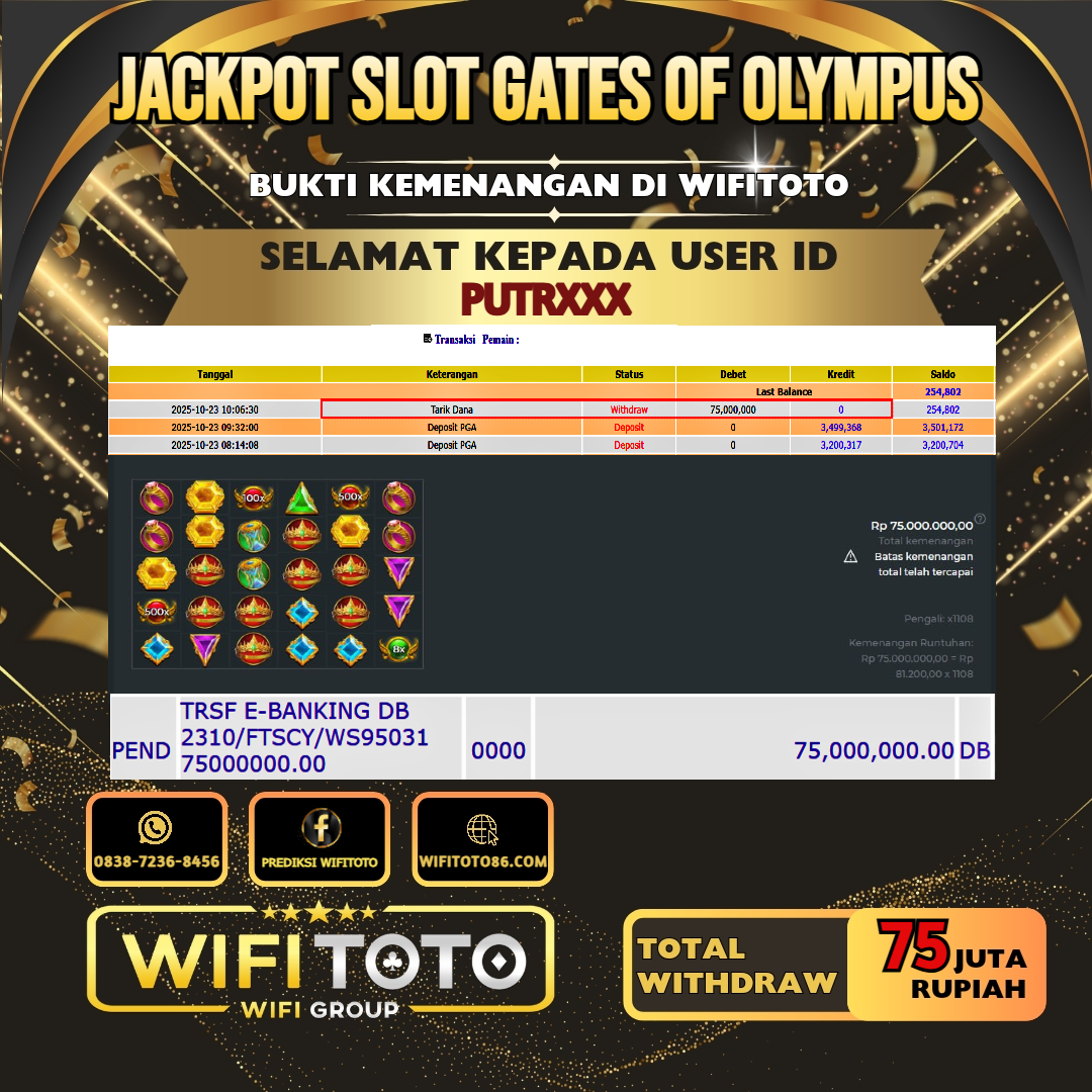 WIFITOTO JACKPOT SLOT GATES OF OLYMPUS RP.75.000.000.,-LUNAS USER ID : PUTR***