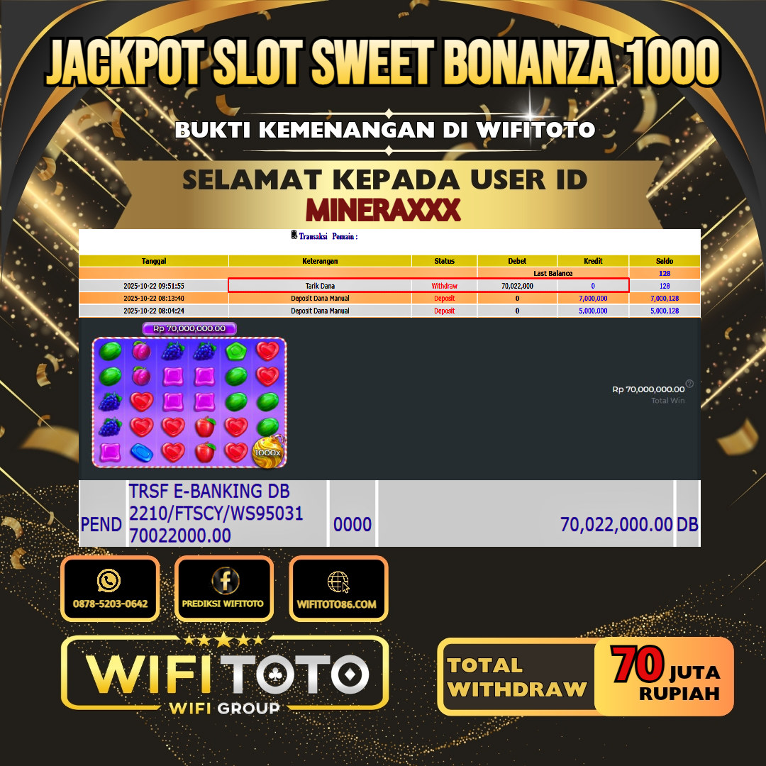 WIFITOTO JACKPOT SLOT SWEET BONANZA 1000 RP.70.000.000.,-LUNAS USER ID : MINERA***
