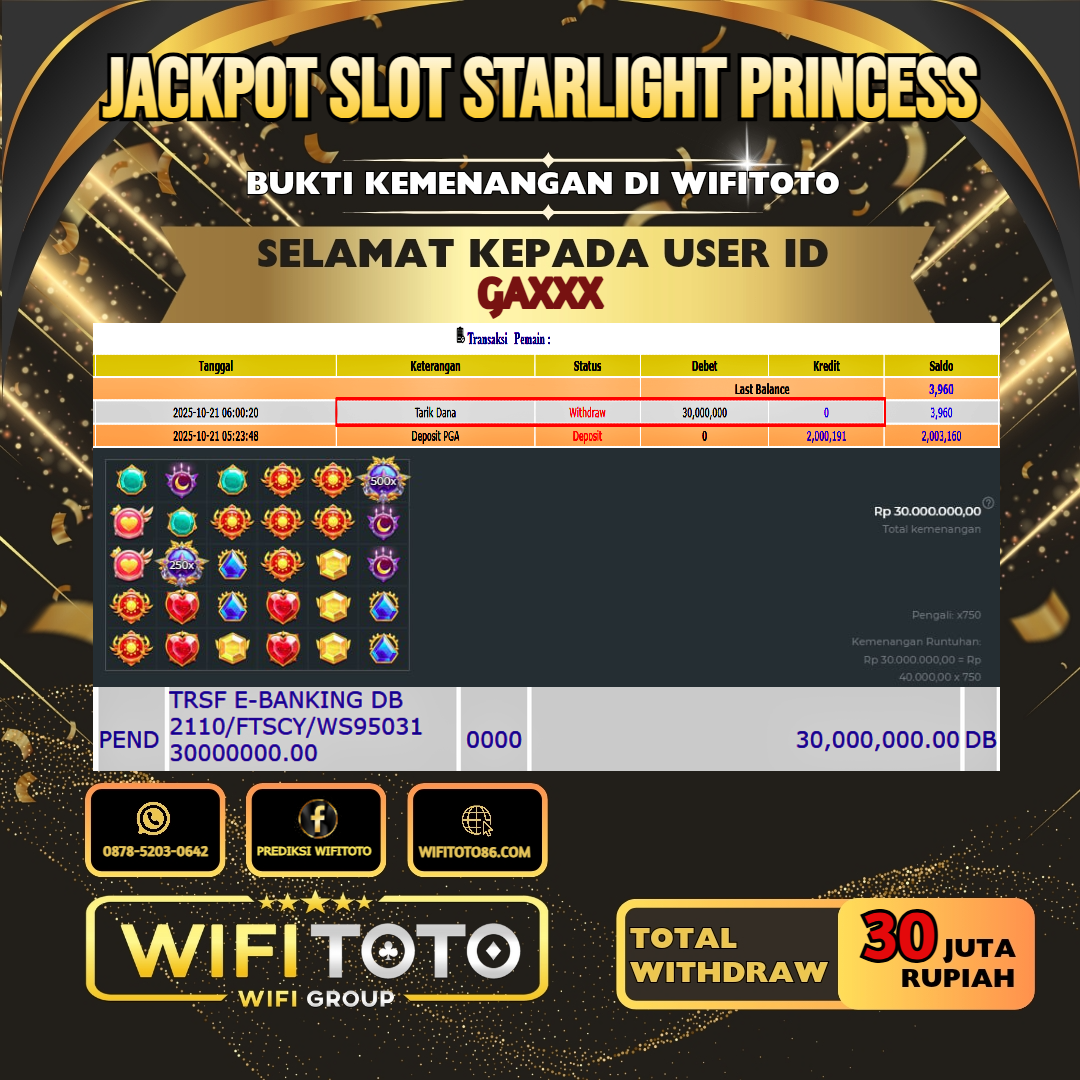 WIFITOTO JACKPOT SLOT STARLIGHT PRINCESS RP.30.000.000.,-LUNAS USER ID : GA***